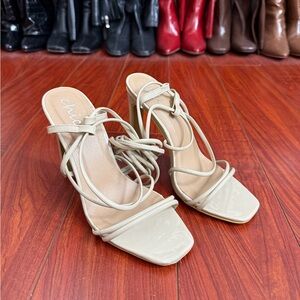 Patent Strappy Square-Toe Heels - Taupe